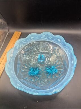 Vtg Jefferson Opalescent Blue Ruffles and Rings Daisy Band Bowl 8” Footed
